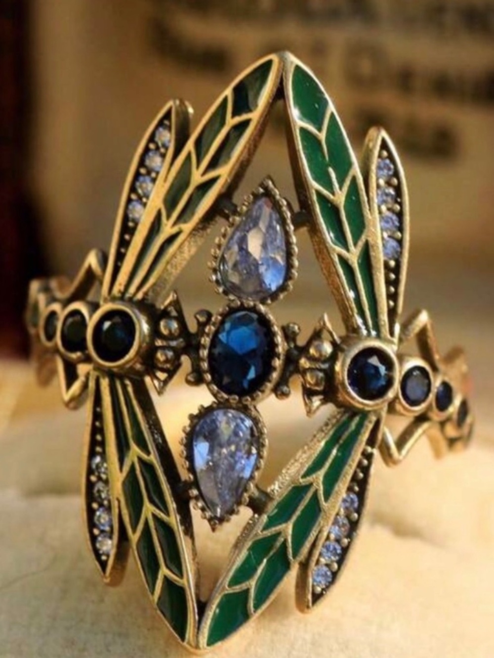 Vintage Art Nouveau Dragonfly Statement Ring | Emerald Green Enamel | New - Picture 6 of 9